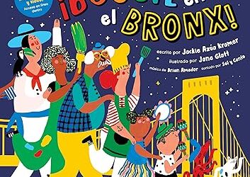 Book cover with conga line of dancing people and yellow bridge