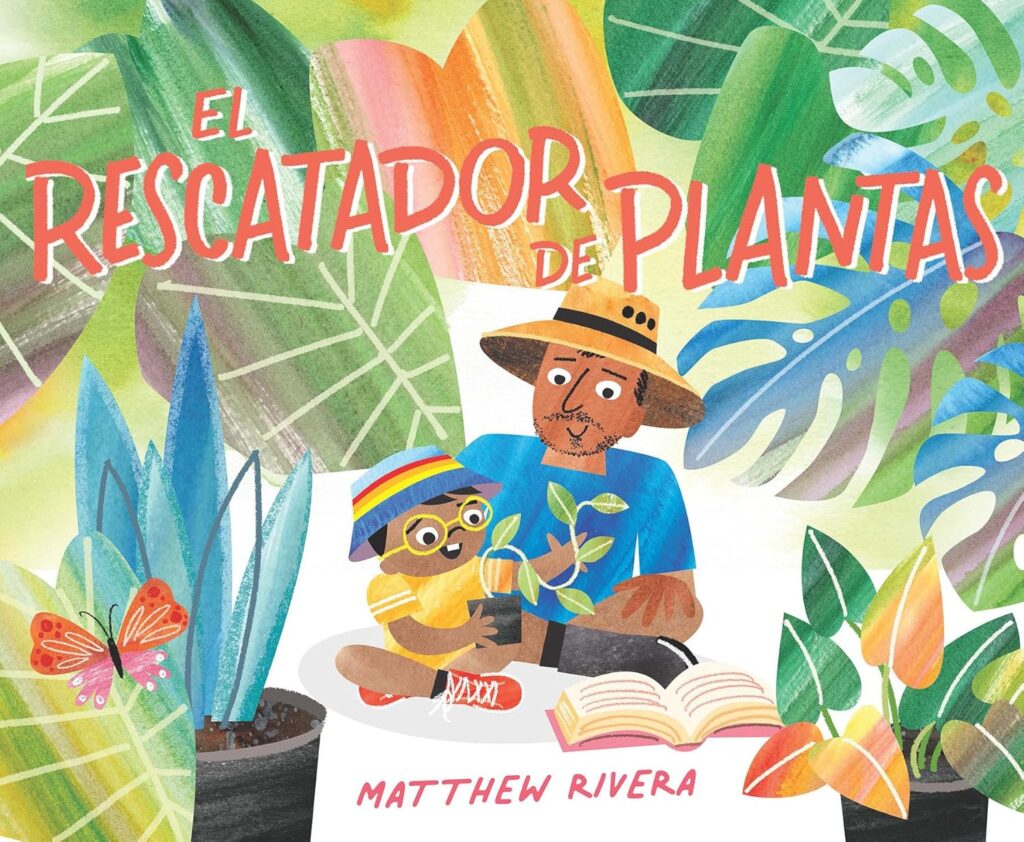 Book cover with cartoon man and boy holding a plant surrounded by plant leaves
