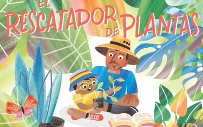 Book cover with cartoon man and boy holding a plant surrounded by plant leaves