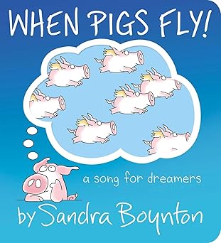 A cartoon pig is shown with a thought bubble filled with pigs with wings flying in a blue sky