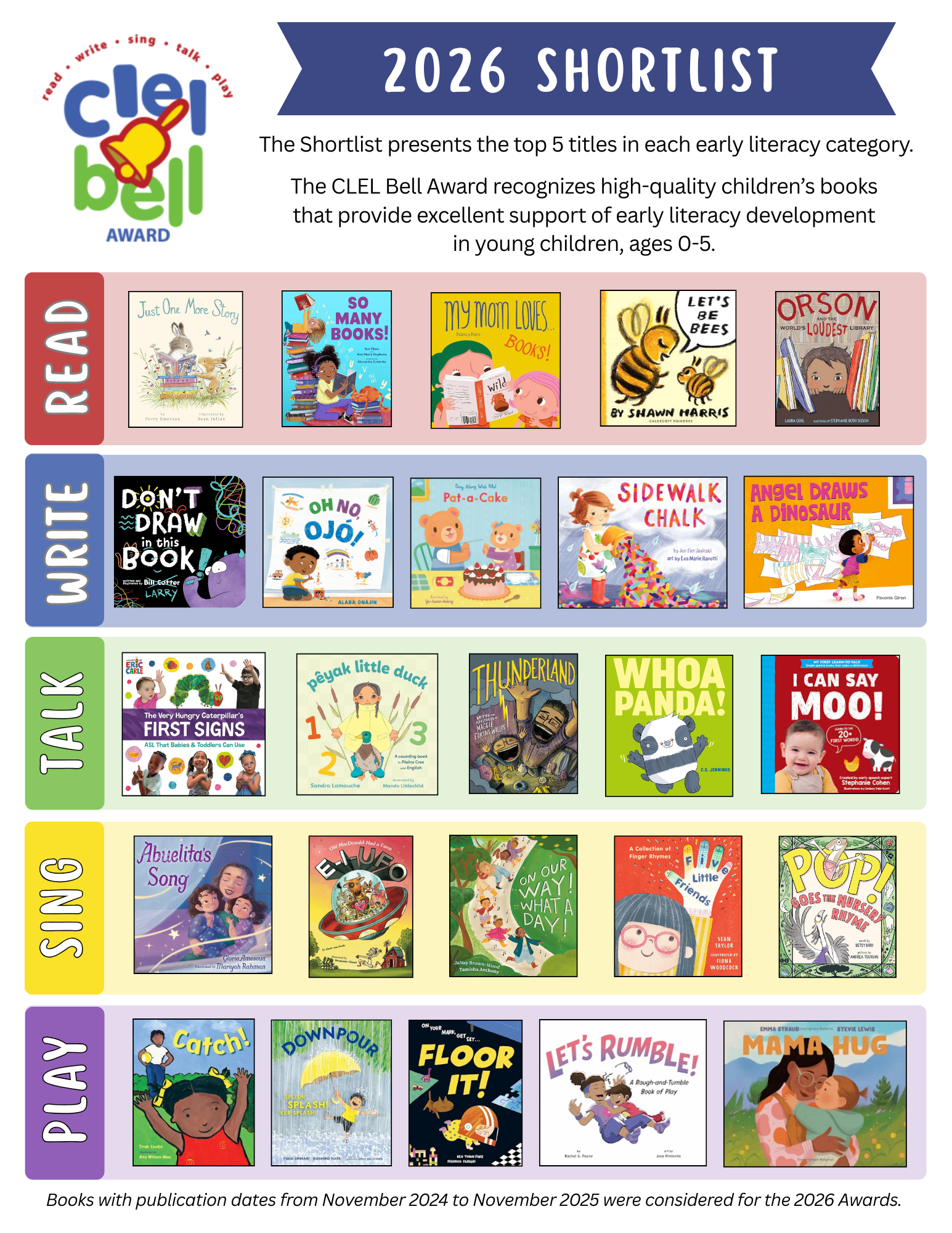 Book cover images for 2025 Shortlist for CLEL Bells Awards