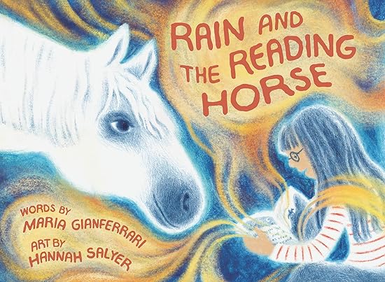 A white horse brings its face close to a little girl wearing glasses who is reading from a book with words and pictures